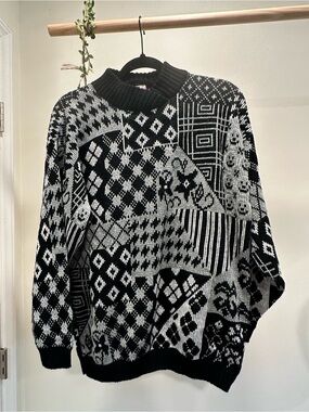 Vintage Late 80s Fortune Knits Patchwork Sweater Black Silver Metallic Mock Neck